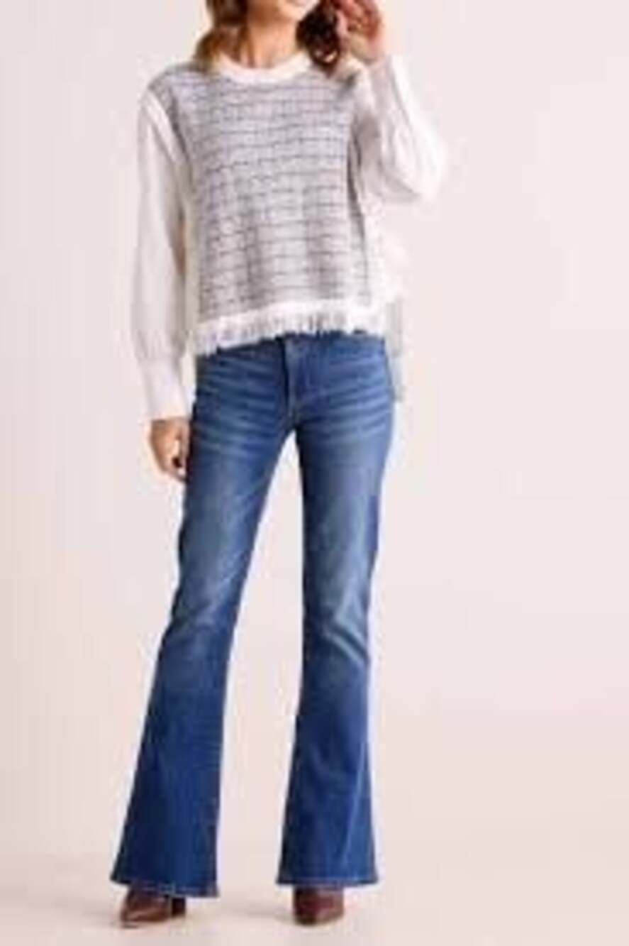 Revolve PINCH Aurelia Tweed Knit Vest Layered Top White Sleeves Fringe Large